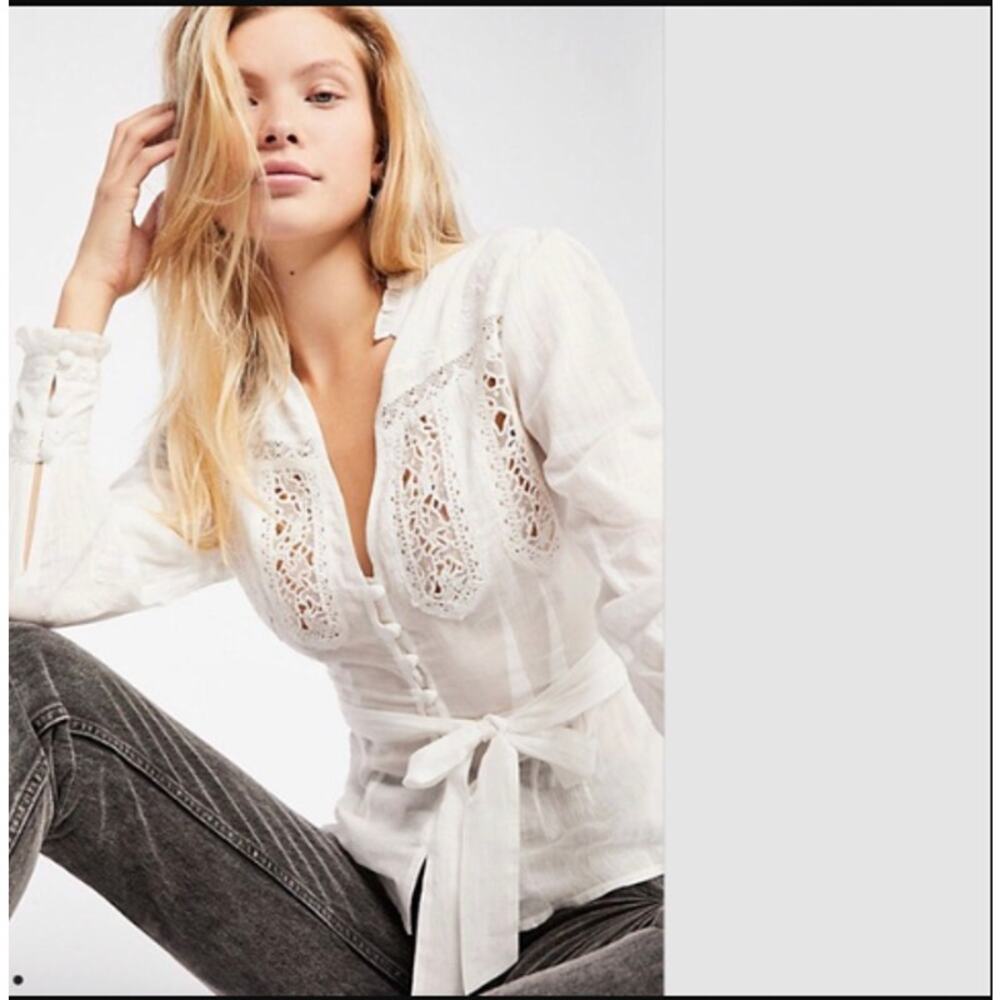 Free Peoples Womens Lace Trim Button Front Blouse Size Medium White Romantic